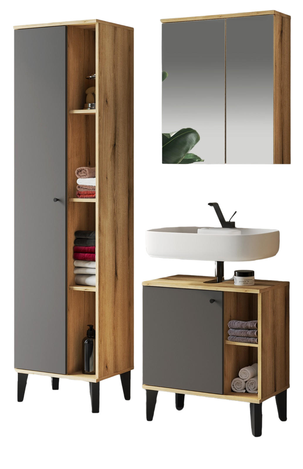 BADMÖBEL-SET 3-teilig grau, Evoke Eiche, Badkombination 121 x 190 cm - Eichefarben/Grau, Glas/Holzwerkstoff (121/190/33cm) - Furn.Design