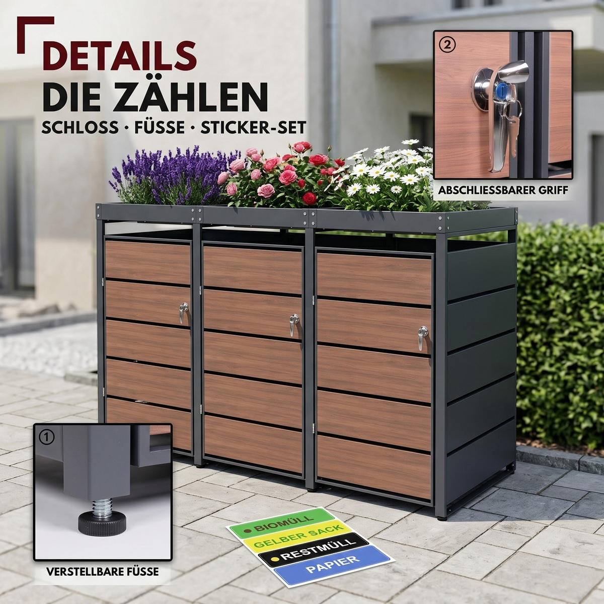 ALBATROS Mülltonnenbox mit Pflanzkasten 3er, MTP3 - Anthrazit, Metall (196/116/80cm) - Albatros