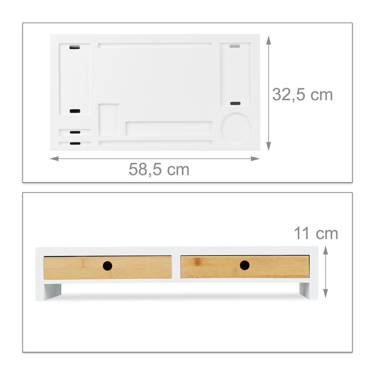 MONITORSTÄNDER Weiß Natur Organizer XL 2-Schubladen - Weiß, Holz/Holzwerkstoff (32.5/58.5/11cm) - Relaxdays