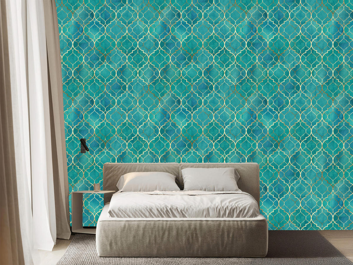 VLIESTAPETE Glamour-Ornamente – Türkis, Goldfarben – 50x1000 cm - Türkis/Goldfarben, Papier (50/1000cm) - Muralo