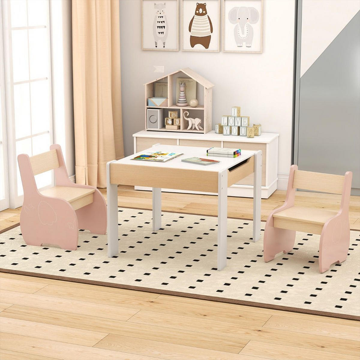 KINDERTISCH mit Stuhl rosa(3-tlg) - Pink, Holzwerkstoff (63.5/48/61.5cm) - COSTWAY