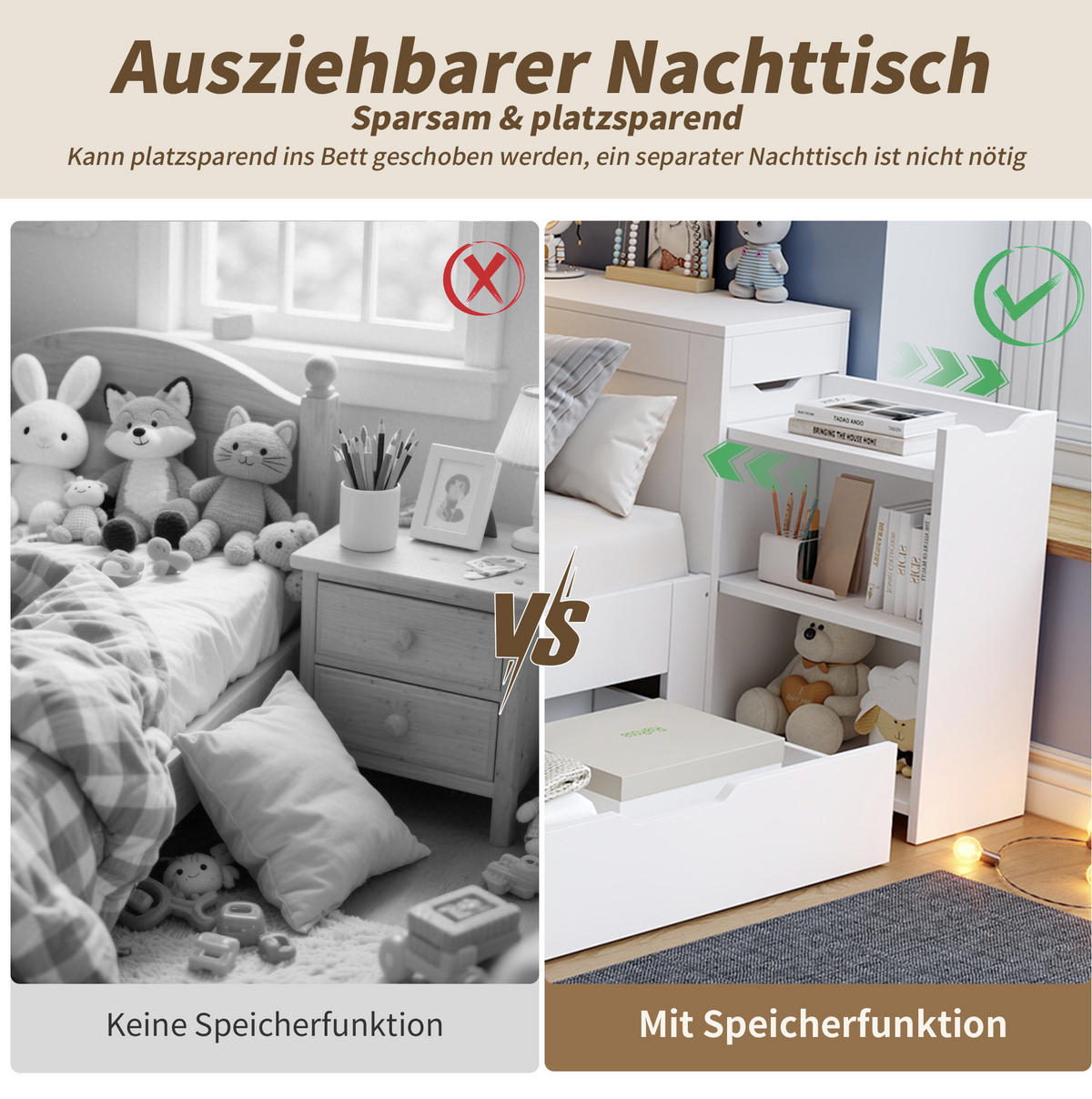 KINDEREINZELBETTEN aus MDF 90x200 cm in Weiß mit Schublade & Nachttisch - Weiß, Holzwerkstoff (90/200cm) - Modfu