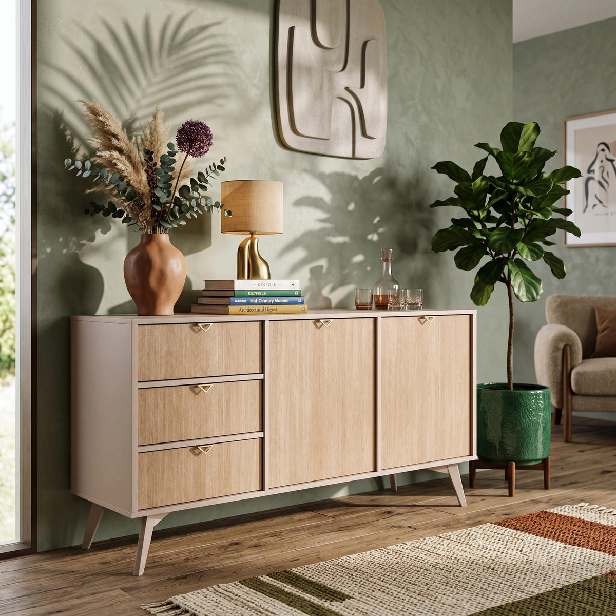 KOMMODE Mandala Eukalyptus - Sandfarben, Holz (158/80/38cm) - Pillovely
