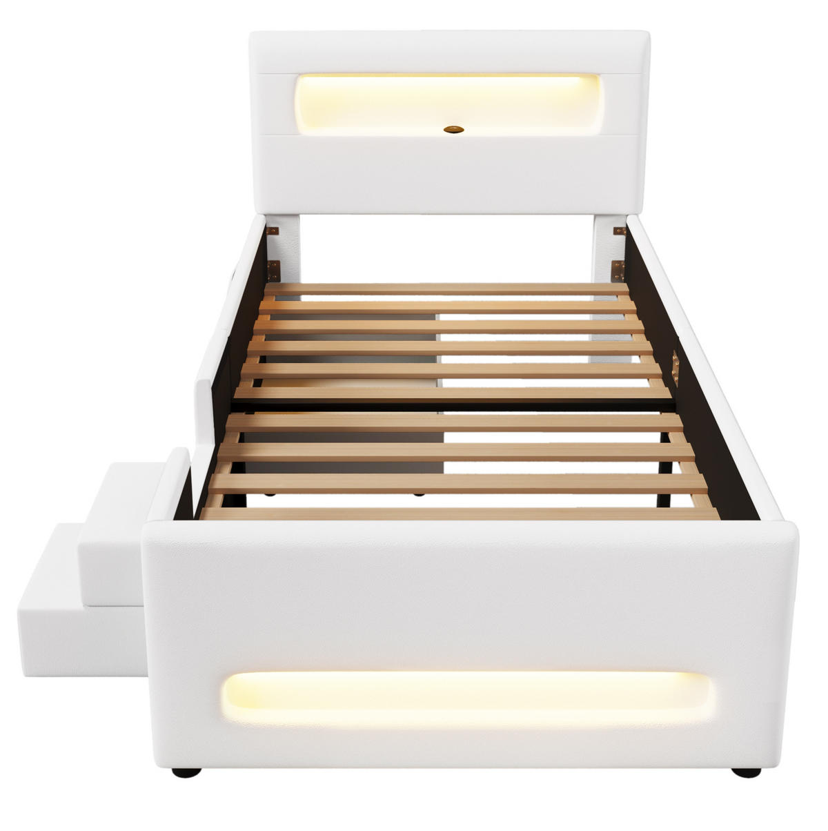 POLSTERBETT 90/200 cm weiß aus MDF und PU mit LED und Schublade - Weiß, Holzwerkstoff (90/200cm) - OKWISH