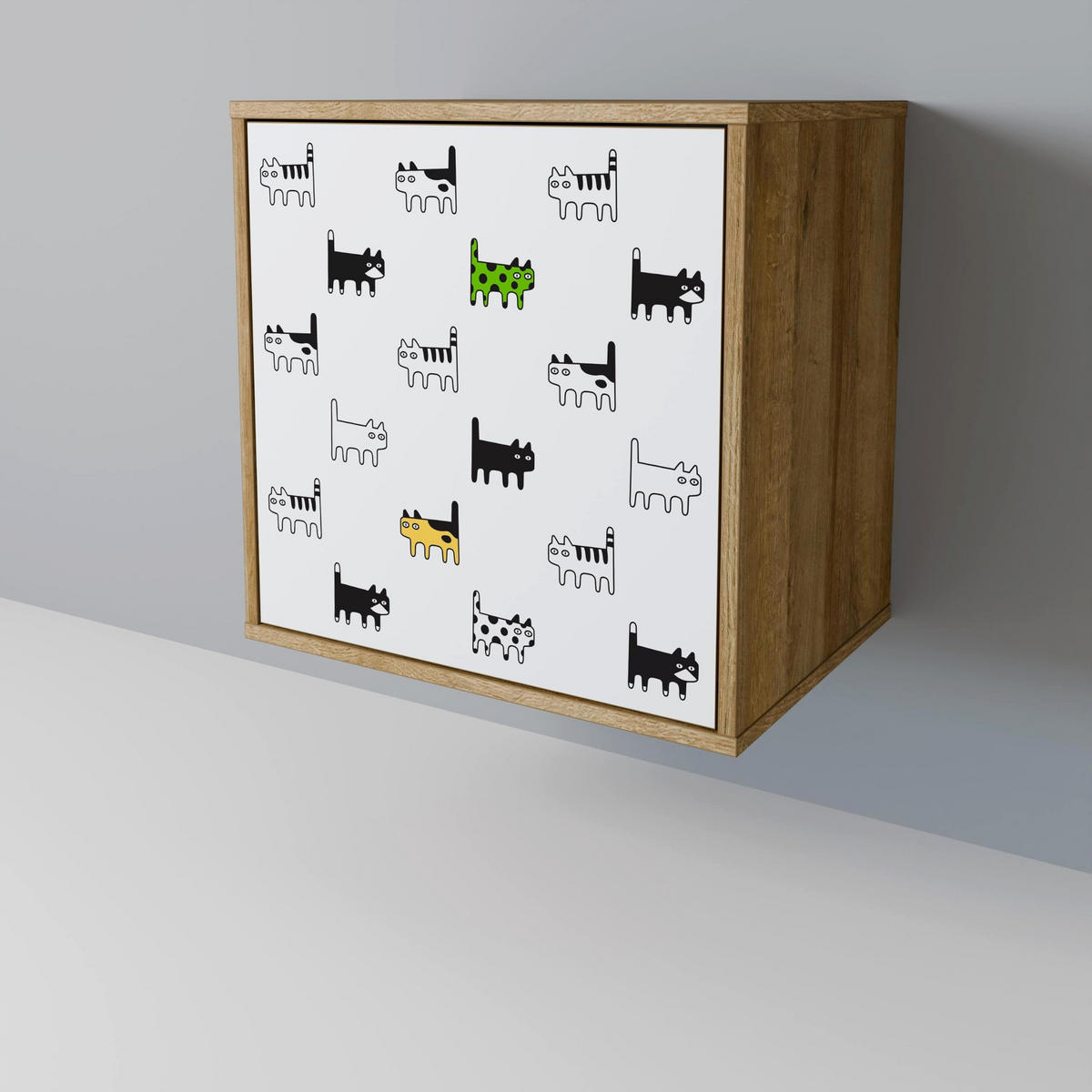 SIDEBOARD CATS COMPILATION, Eichefarben, 57,5x42x72,5 cm, Schwarze Metallfüße - Eichefarben/Multicolor, Holzwerkstoff/Metall (57.5/72.5/42cm) - SpaceRebels