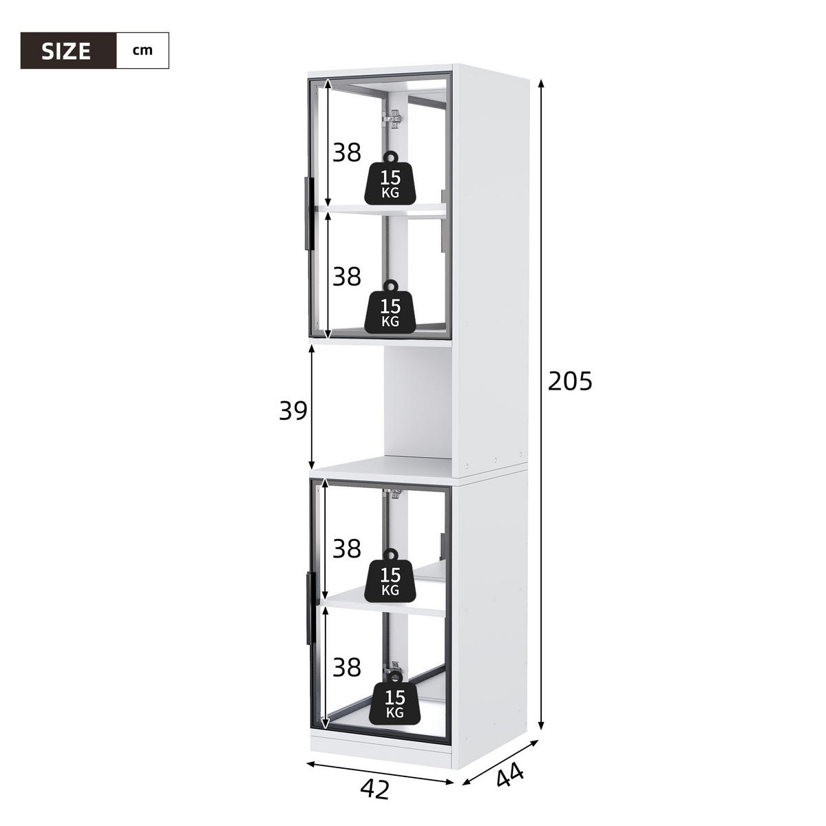 VITRINE aus Spanplatte 42x44x205cm in Weiß mit LED-Beleuchtung - Weiß, Holzwerkstoff (42/205/44cm) - Modfu