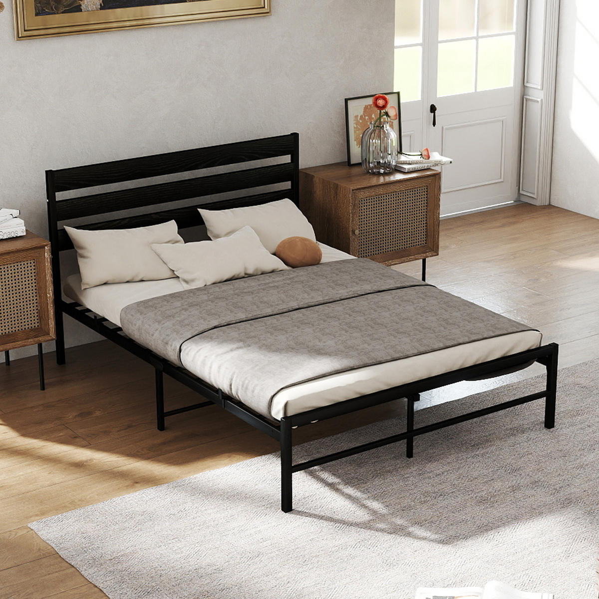 METALLBETT 140x200 cm Schwarz mit komfortablem Kopfteil, stabiler Konstruktion - Schwarz, Metall (140/200cm) - Modfu