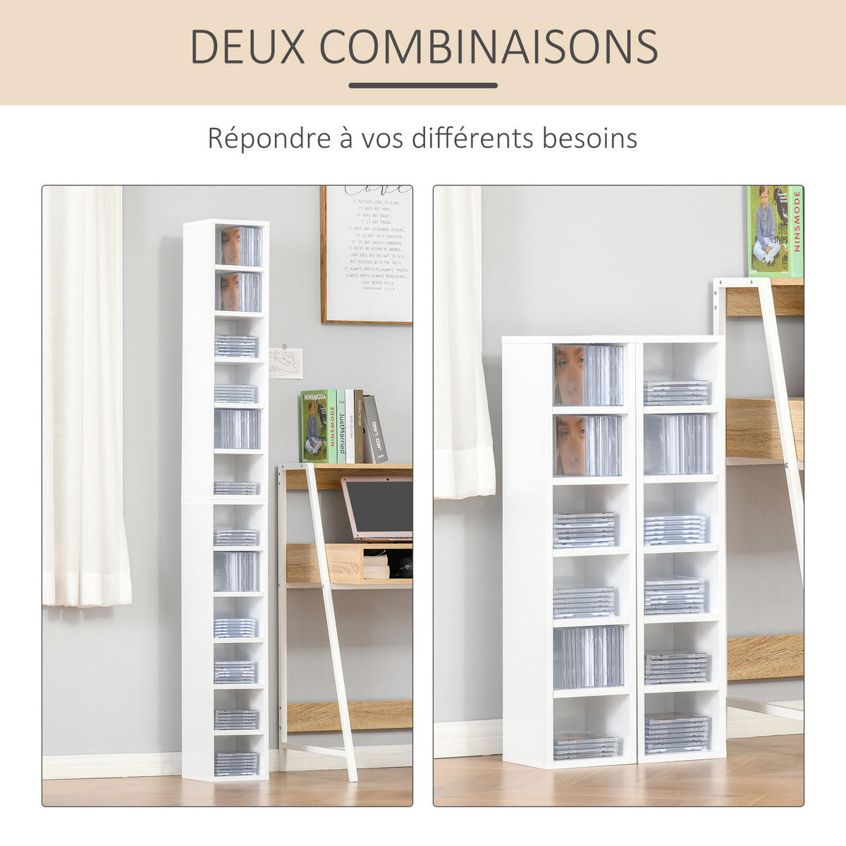 CD-REGAL 2er-Set DE-14392 12 Fächer für 160 CDs Weiß - Weiß, Holzwerkstoff (19/88/21cm) - ComfortXL