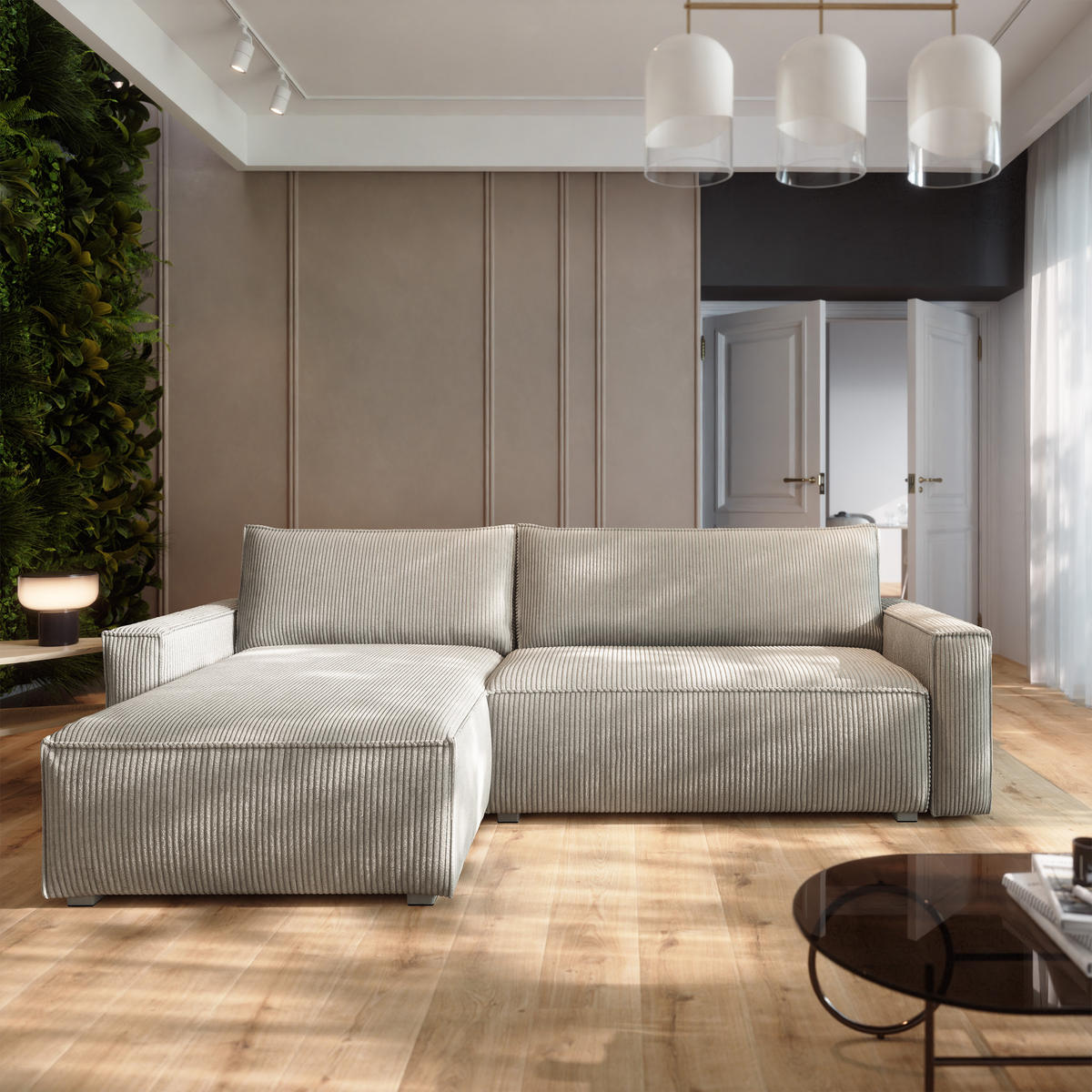 ECKSOFA BESMIR Creme Kordstoff mit Schlaffunktion - Creme, Holz (275/148cm) - MASSENO