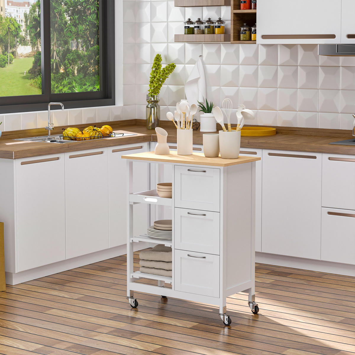 KÜCHENWAGEN, MDF, Kiefernholz, Natur+Weiß - Naturfarben, Kunststoff (37/84/67cm) - HOMCOM
