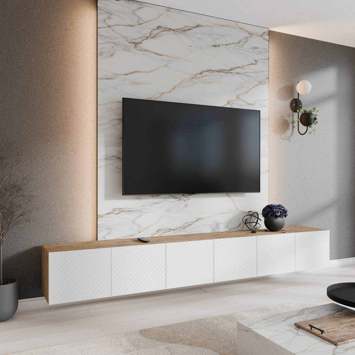 ZÁVĚSNÝ TV STOLEK CAVA, 300/41/40 cm, dub Artisan - bílá/dub artisan, kompozitní dřevo (300/41/40cm) - MASSENO