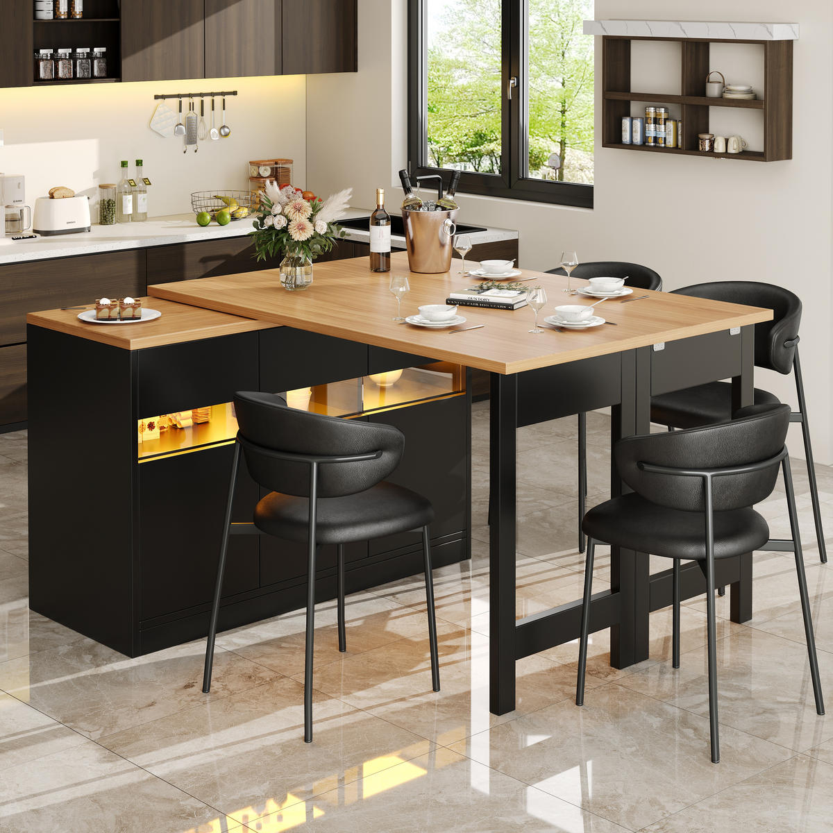 BARTISCH 360° Drehbar 120-180cm LED Stauraum - Schwarz, Holzwerkstoff (40/120/75.8cm) - FLIEKS