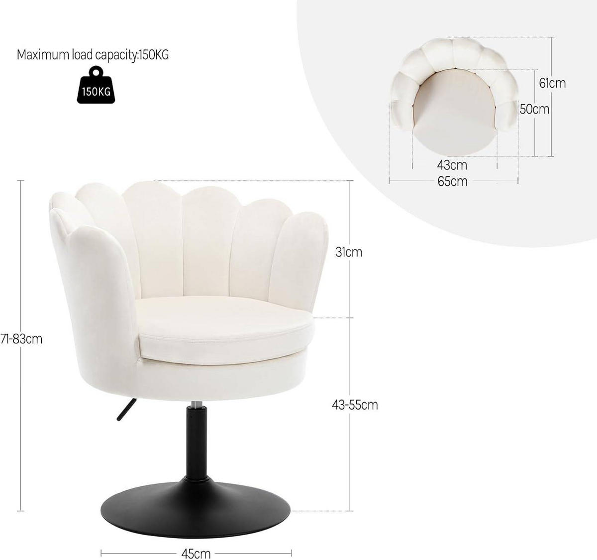 DREHSTUHL Blumenform, Samtbezug, Beige - Beige/Schwarz, Textil/Metall (65/71/61cm) - Woltu