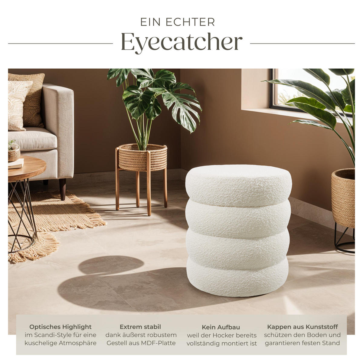 SITZHOCKER mit Stauraum Altu,42 x 42 x 47 cm,Bouclé creme-weiß - Creme/Weiß, Holz (42/47/42cm) - tectake