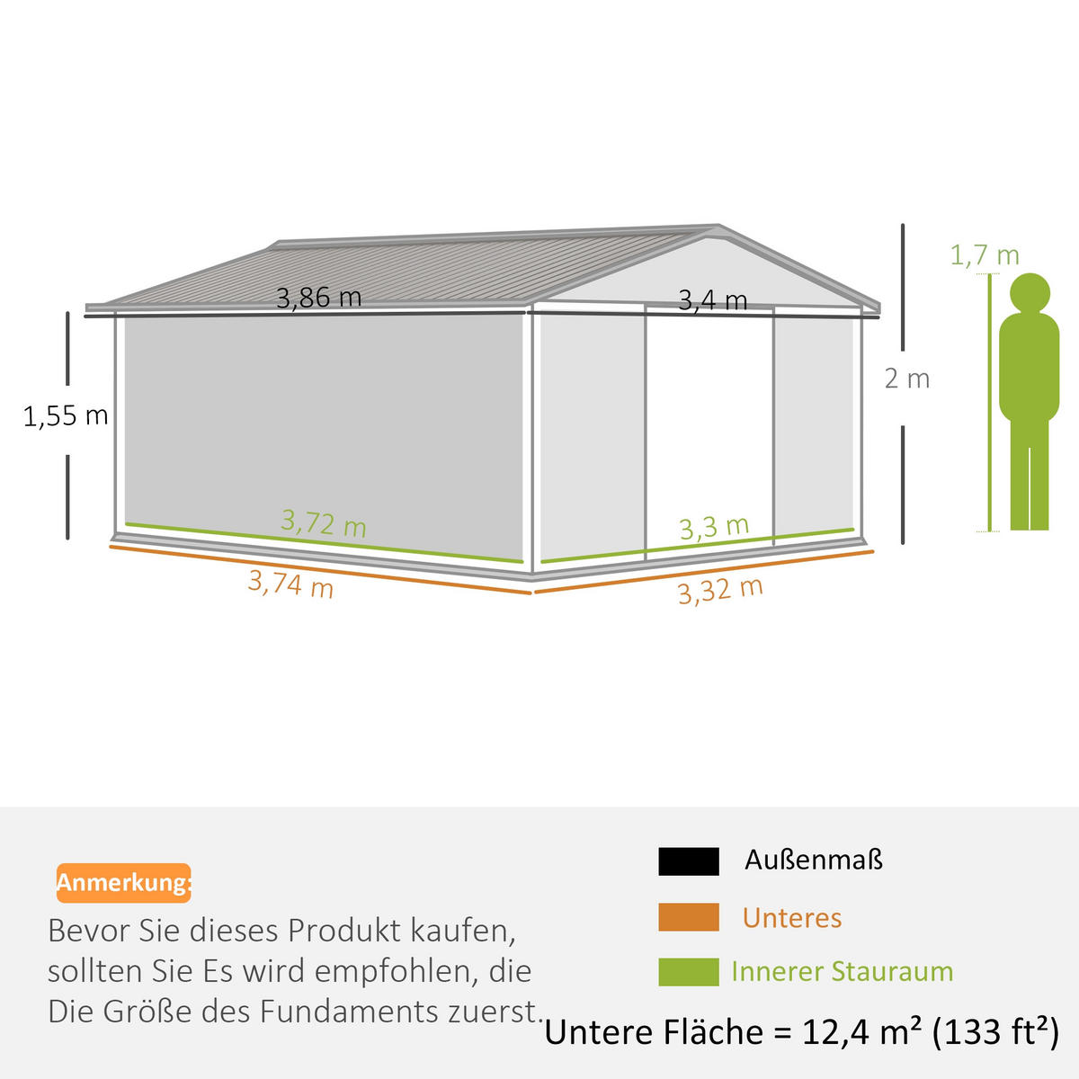 GERÄTEHAUS 386/340/200 cm Dunkelgrün mit Schiebetür und Fundament - Dunkelgrün, Metall (386/200/340cm) - Oxeza