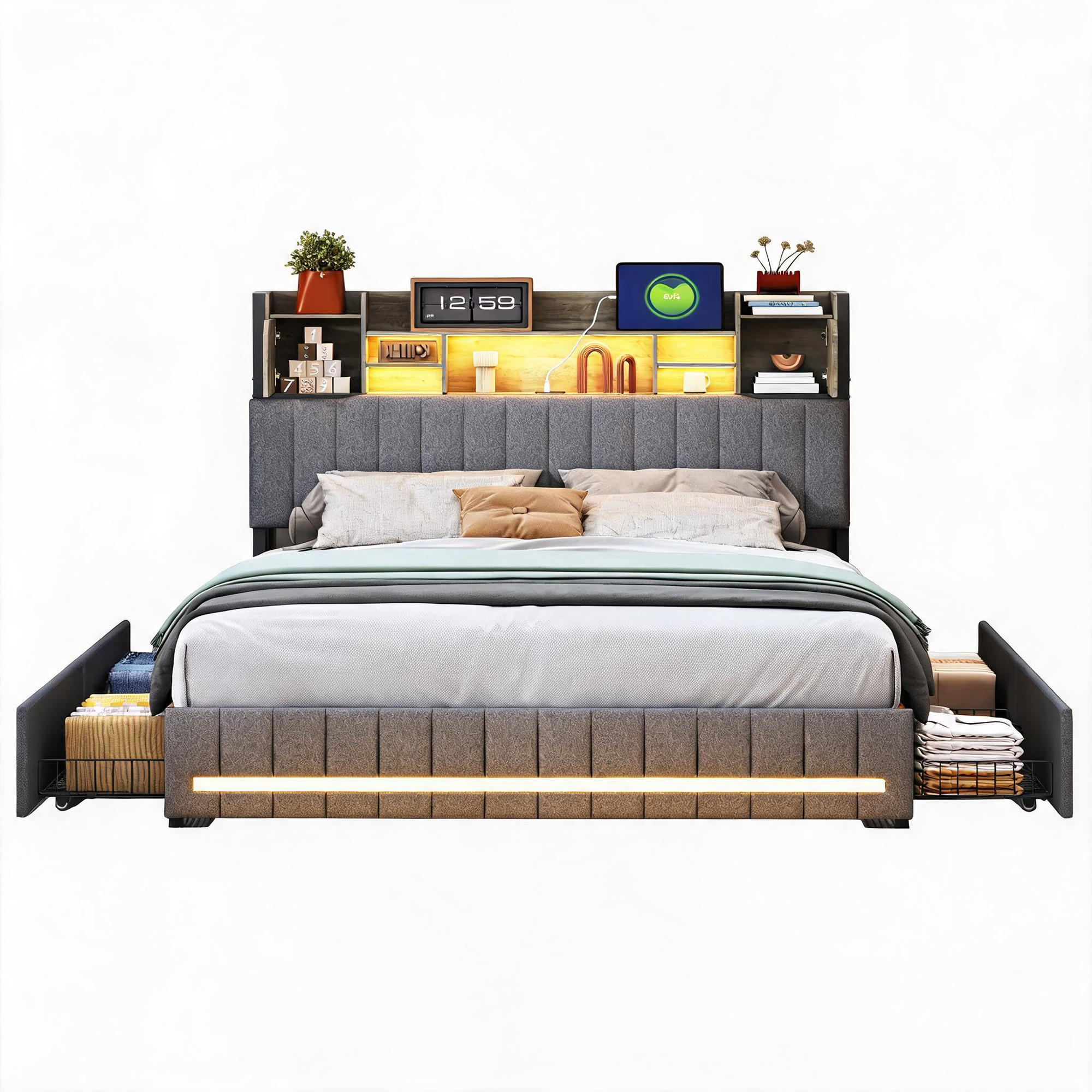 POLSTERBETT 160x200 cm mit LED und USB, Doppelbett mit Lattenrost und Kopfteil, 4 Schubladen, Bett 160x200, Leinenstoff, Grau - Grau, Holzwerkstoff/Textil (160/200cm) - GENKI LIVING
