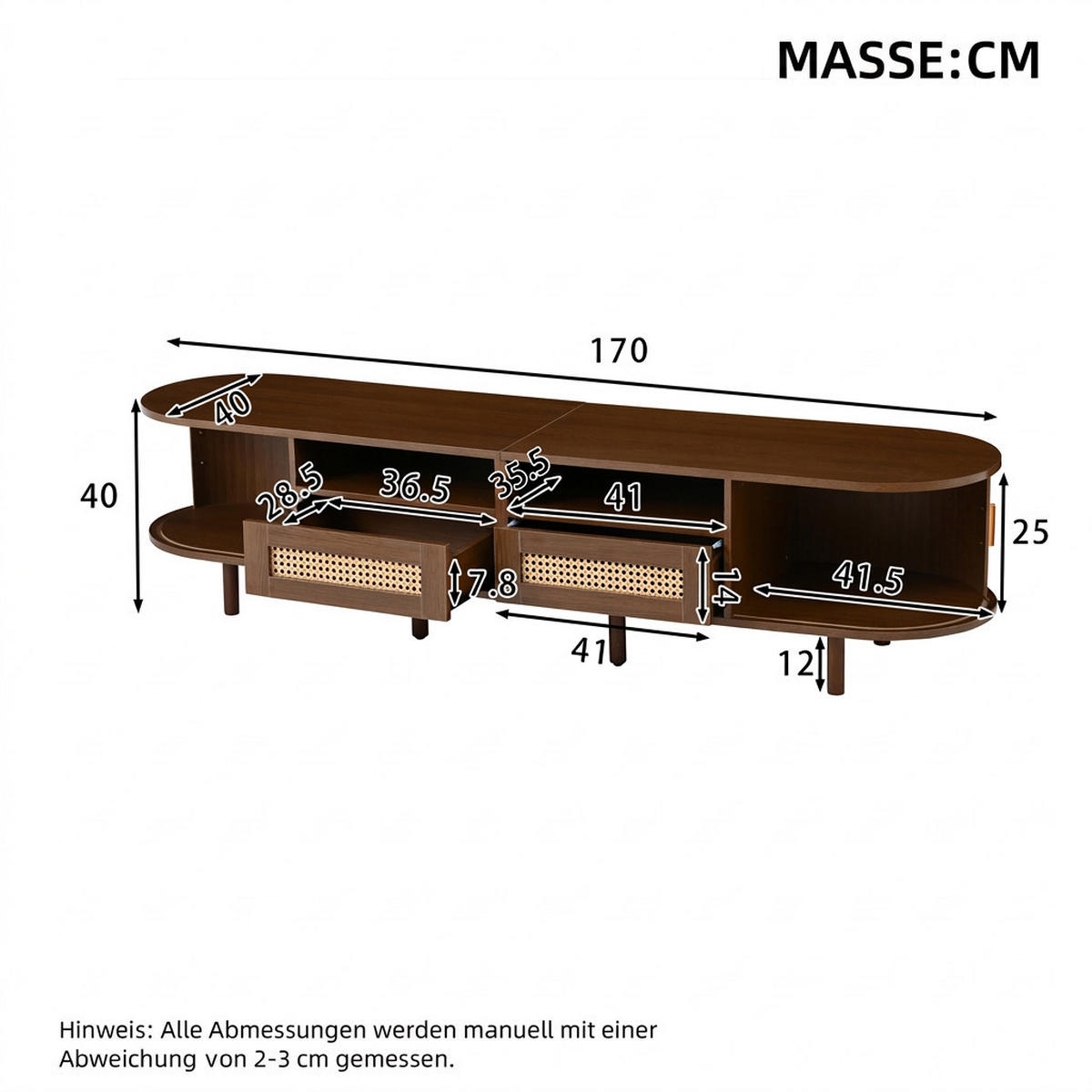 TV-SCHRANK 170/40/40 cm Nussbaum mit 2 Schubladen und 2 Schiebetüren - Nussbaumfarben, Holz/Holzwerkstoff (170/40/40cm) - Oxeza