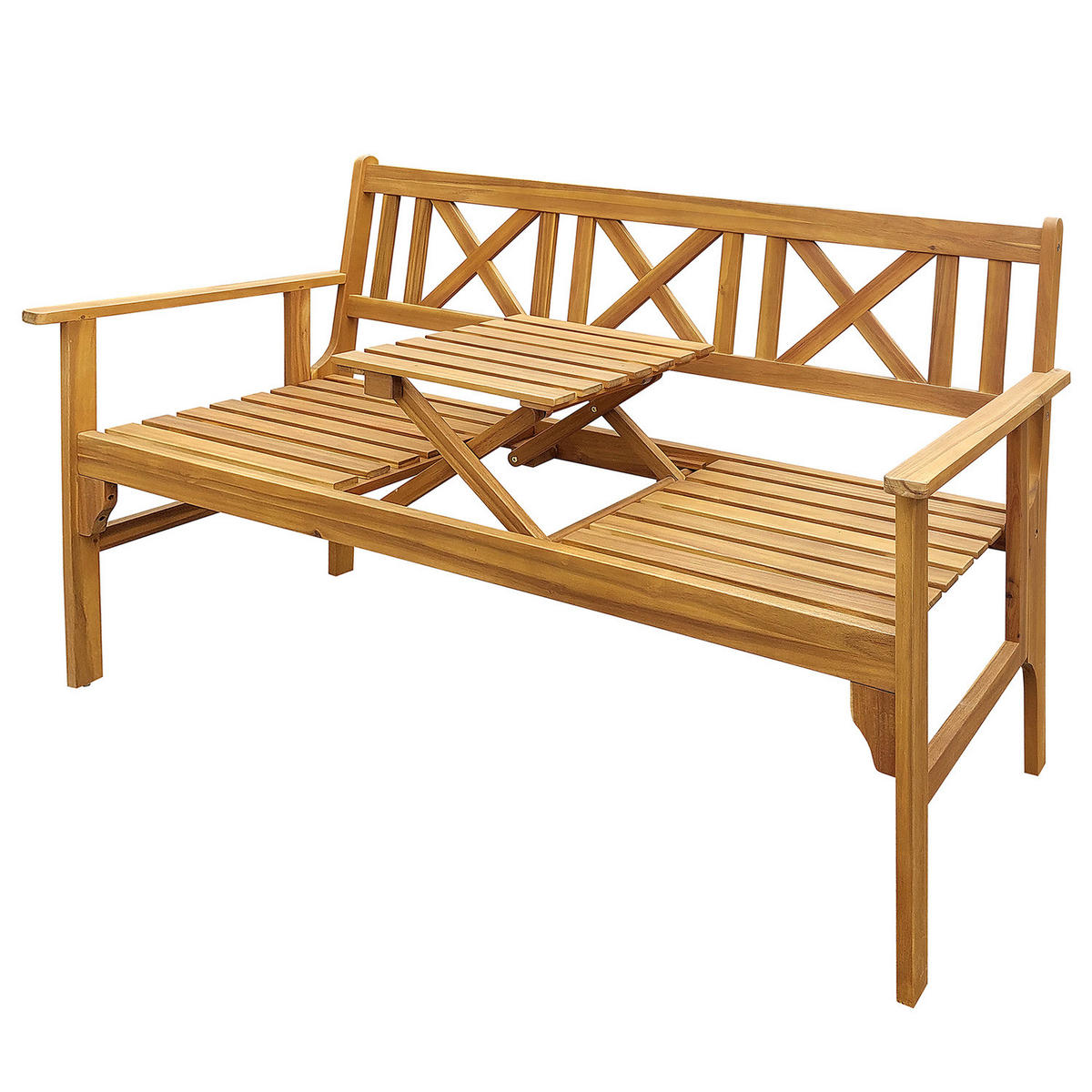 GARTENBANK MIT AUSKLAPPBAREM TISCH - Akazie massiv - Braun - Braun, Holz (150/90/60cm) - home24
