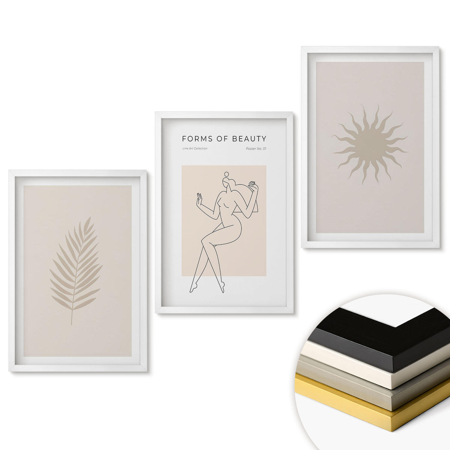 WANDBILDER 3er-Set - 40x60 cm Weißer Rahmen - Eine Sammlung minimalistischer Formen - Weiß, Kunststoff (40/60cm) - ArtPrintCave