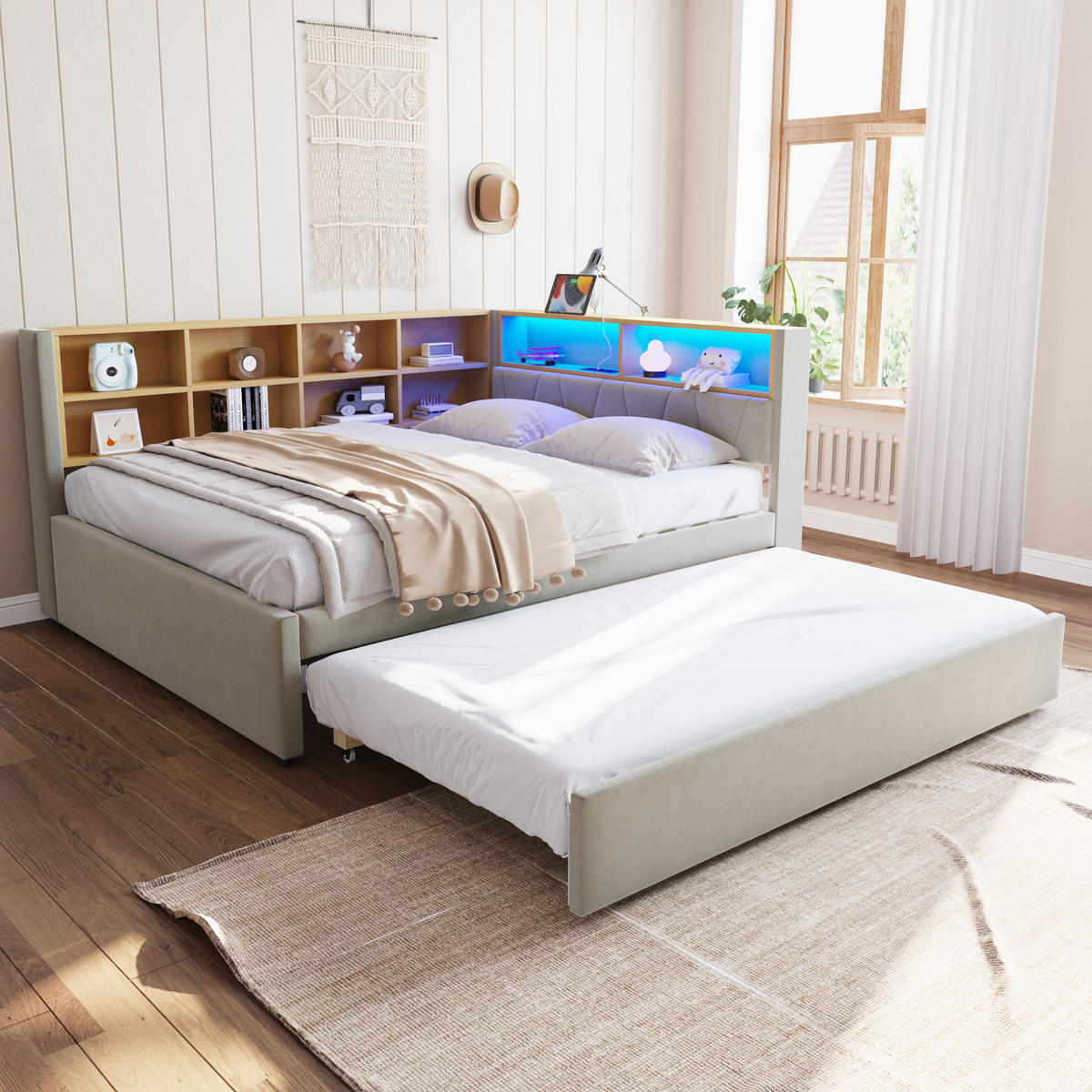 POLSTERBETT 90/140x200 LED USB Stauraum Hellgrau - Weiß, Textil (140/200cm) - FLIEKS