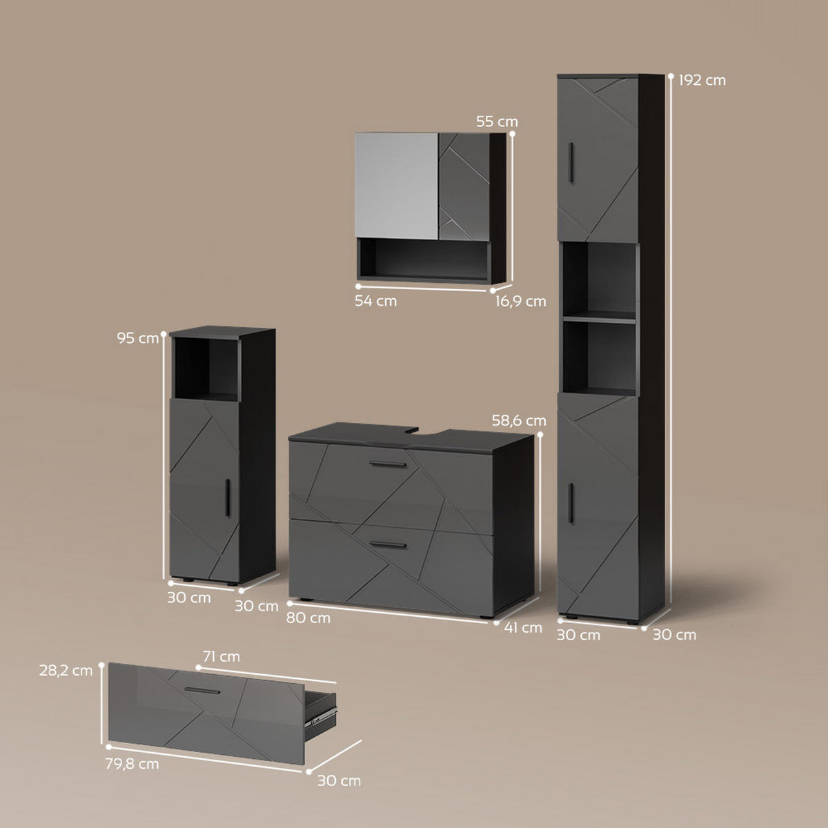 BADMÖBEL-SET Ronco Anthrazit Hochglanz 4 Teile, mit Schubladenschrank und Hochschrank - Anthrazit, Holzwerkstoff (80/58/41cm) - Livinity®
