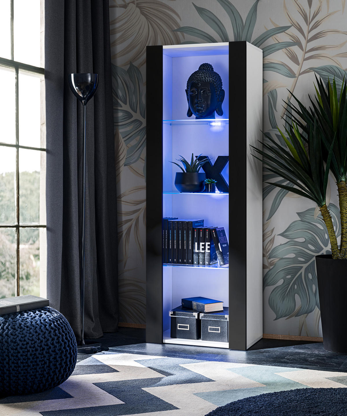 VITRINE TIVOLI, Weiß + Schwarz, LED Blau - Schwarz/Weiß, Glas/Holzwerkstoff (55/159/35cm) - Komodee