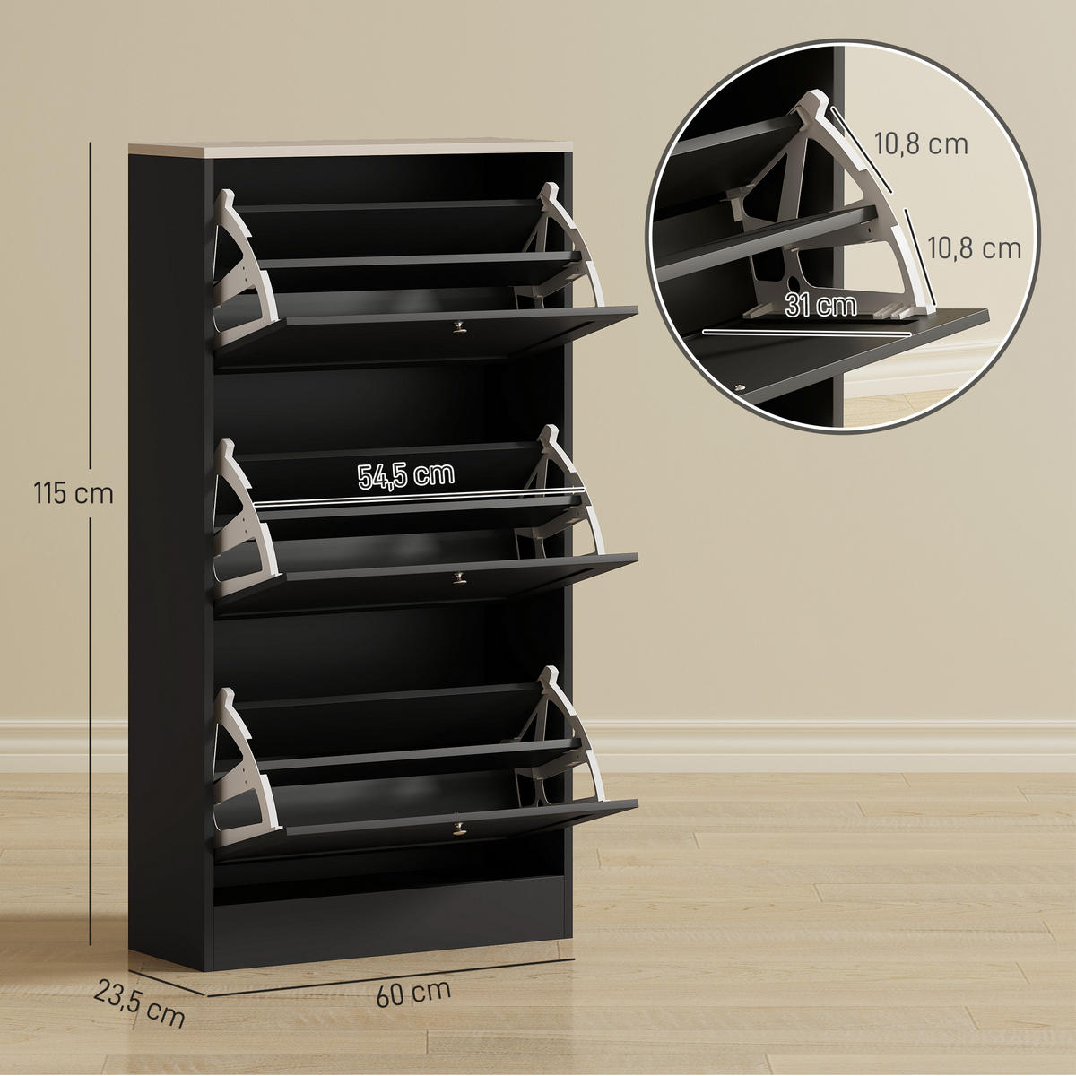 SCHUHSCHRANK DE-15014 3 Klapptüren für bis zu 18 Paar Schuhe Schwarz - Schwarz, Holzwerkstoff (60/115/23.5cm) - ComfortXL