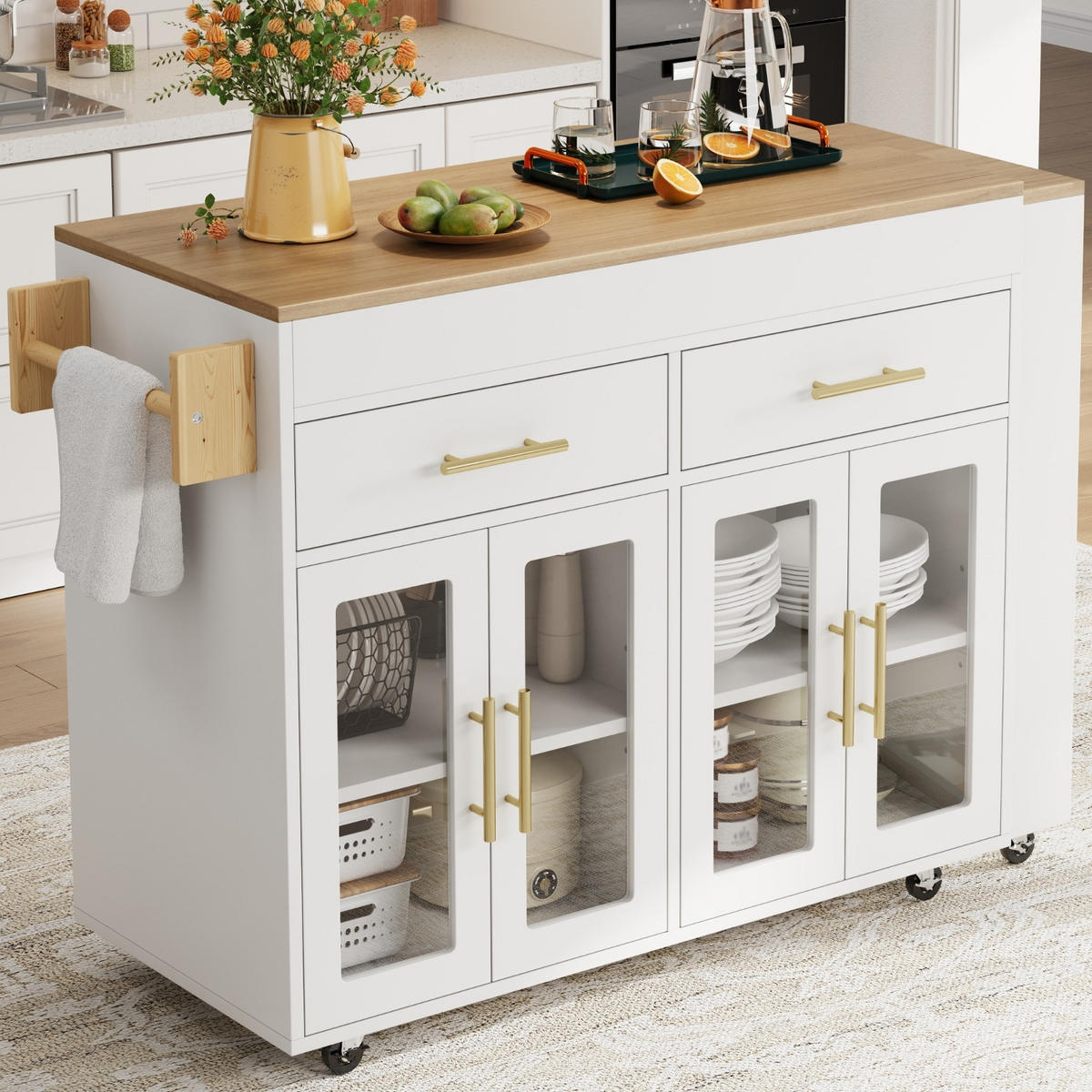 KÜCHENINSEL mit Rollen, AUSZIEHBARER BARTISCH, MDF Weiß, mit Glastüren, 132,5-217/50/93 cm - Weiß, Holzwerkstoff (50/93/217cm) - Rolipo