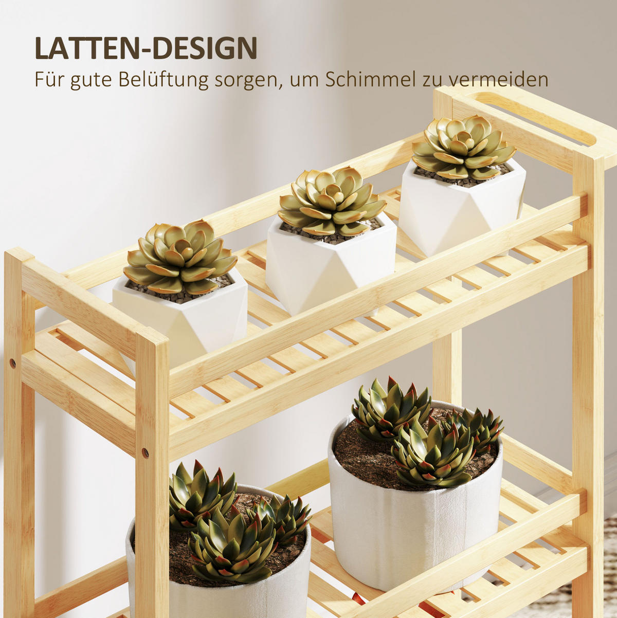 SERVIERWAGEN 55/20/75 cm mit 3 Lamellenablagen, Rollen, Bremsen und Griff, Bambus, Naturholz - Hellbraun, Naturmaterialen (55/75/20cm) - Redom