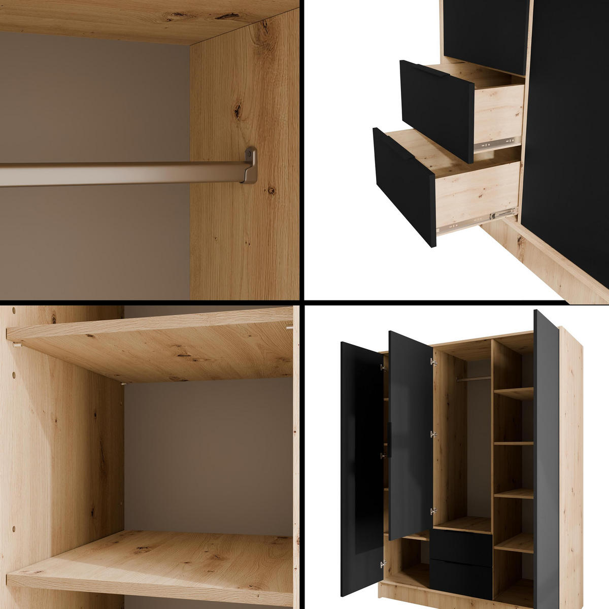 KLEIDERSCHRANK mit Flügeltüren KOLIN 150x200cm Artisan / Schwarz - Schwarz/Eiche Artisan, Holzwerkstoff (150/200/51cm) - ALTDECOR