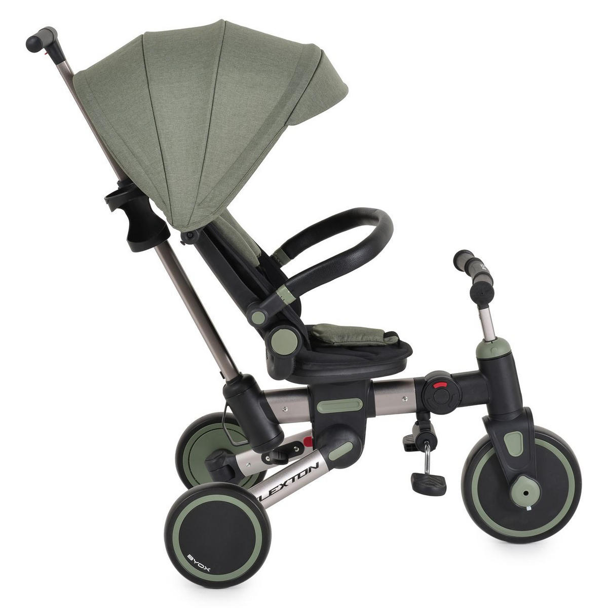 DREIRAD Flexton 5 in 1 grün Laufradfunktion, EVA-Reifen, Rückenlehne, Becherhalter, faltbar - Grün, Metall (93/50/96cm)