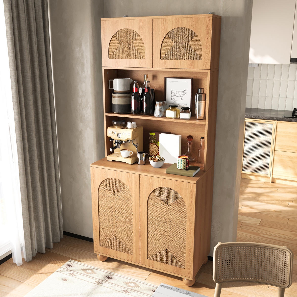 SIDEBOARD Hochschrank Seilgeflecht Türen Stauraum Holzfüße Modern - Naturfarben, Holzwerkstoff (80/180/40cm) - FLIEKS