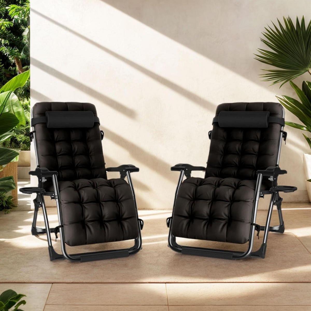 SONNENLIEGE 2er Set 77 cm Schwarz mit Kissen - Schwarz, Textil (77/113/172cm)