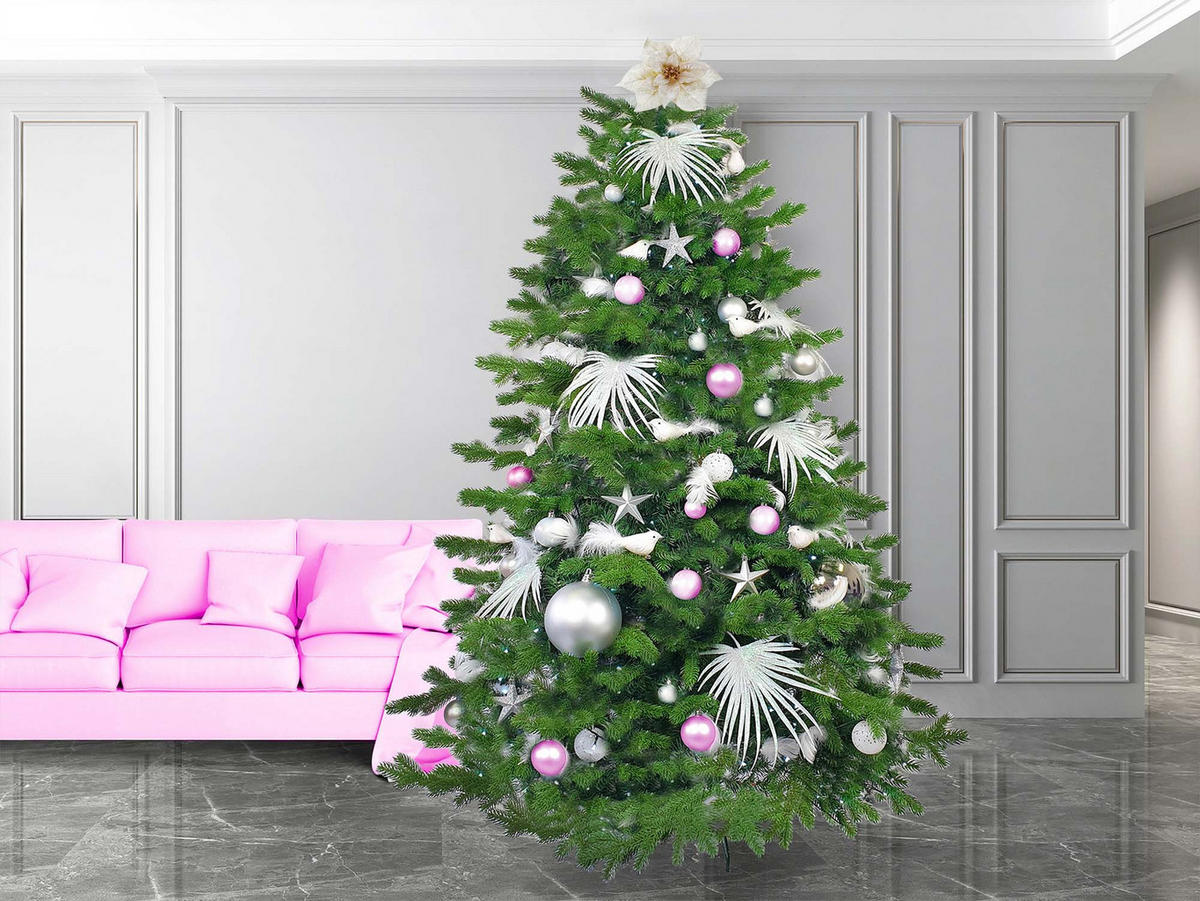 LAALU WEIHNACHTSBAUM geschmückt künstlich mit 222 Ornamenten POLAR PINK II 500 cm Baum mit Ständer und Weihnachtsschmuck - Silberfarben/Weiß, Kunststoff (500cm) - LAALU