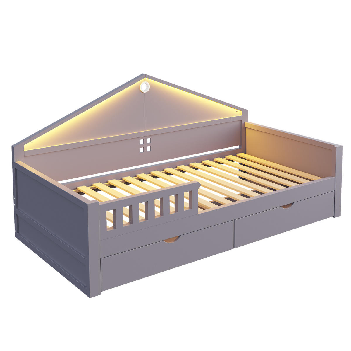 KINDEREINZELBETTEN aus Holz und MDF 90x200 cm in Grau mit LED & 2 Schubladen - Grau, Holz (90/200cm) - Modfu