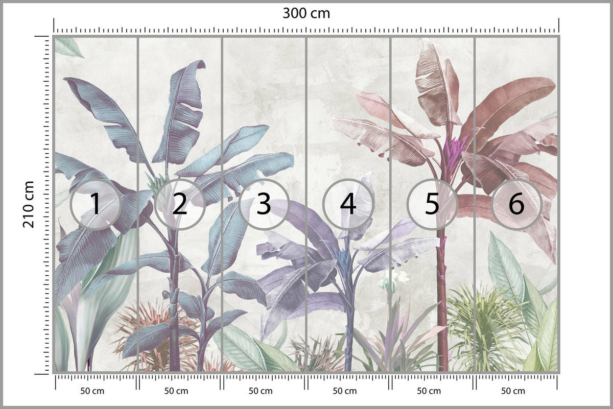 FOTOTAPETE für Schlafzimmer Bunte Bananenblätter Tropen Bäume 300x210 - Beige/Rot, Papier (300/210cm) - Muralo