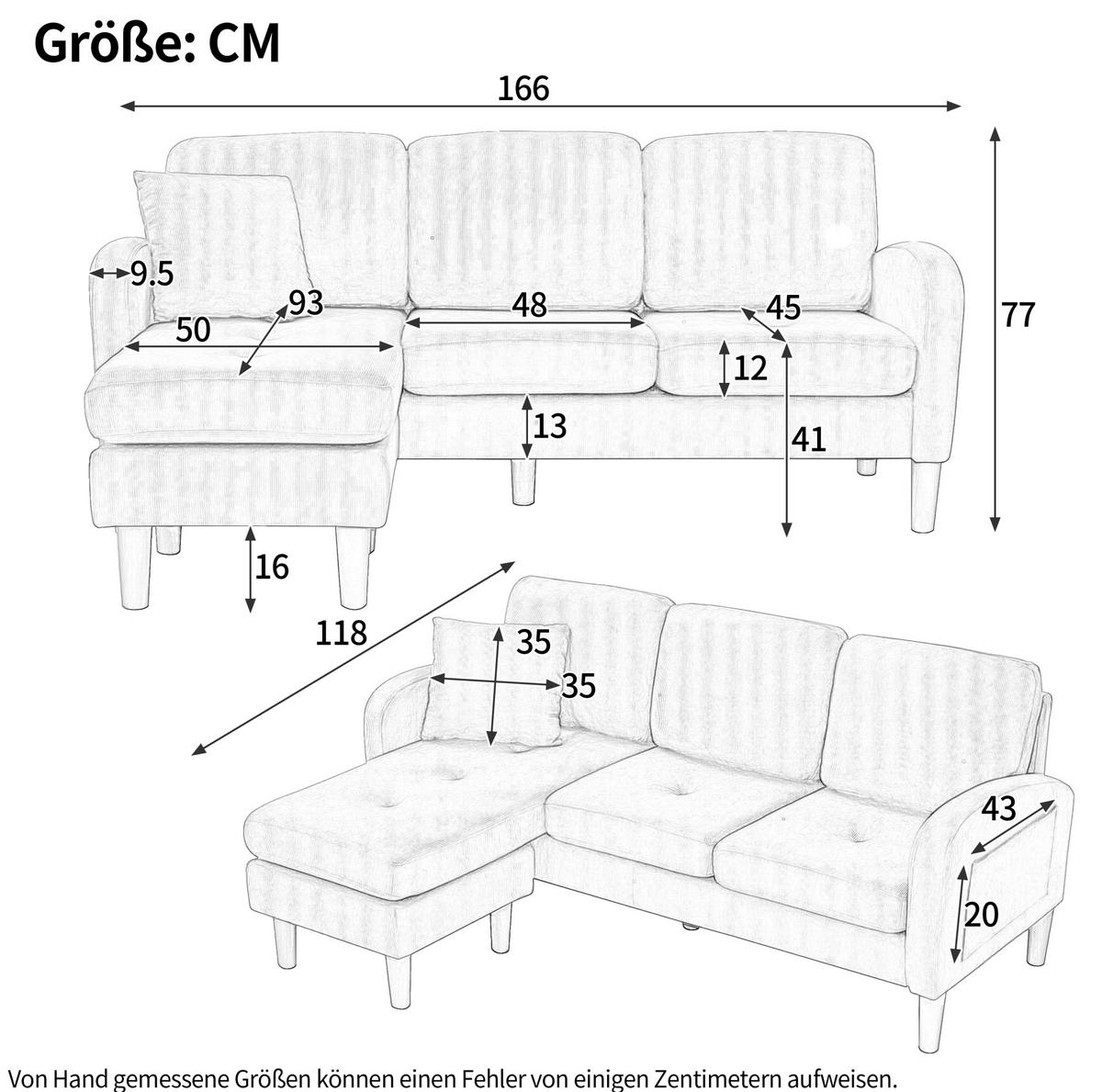ECKSOFA 166/118/77 cm blau aus Cordstoff mit modularer Chaiselongue - Blau, Kunststoff (118/166cm) - OKWISH