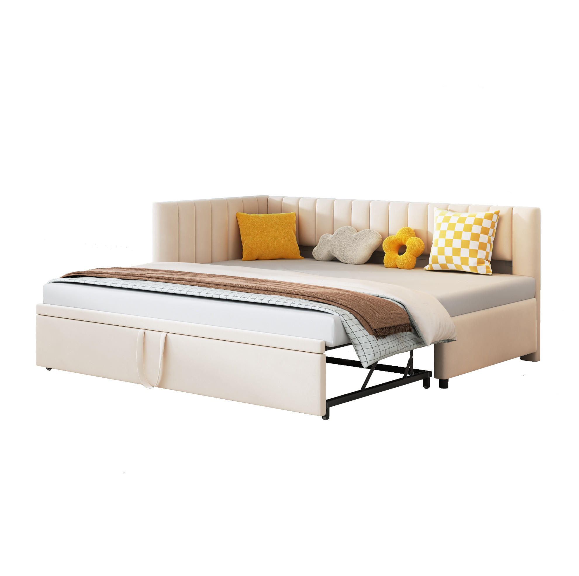POLSTERBETT 90/200 cm Beige aus Samt mit Ausziehfunktion - Beige, Textil (90/180cm) - OKMYHOME