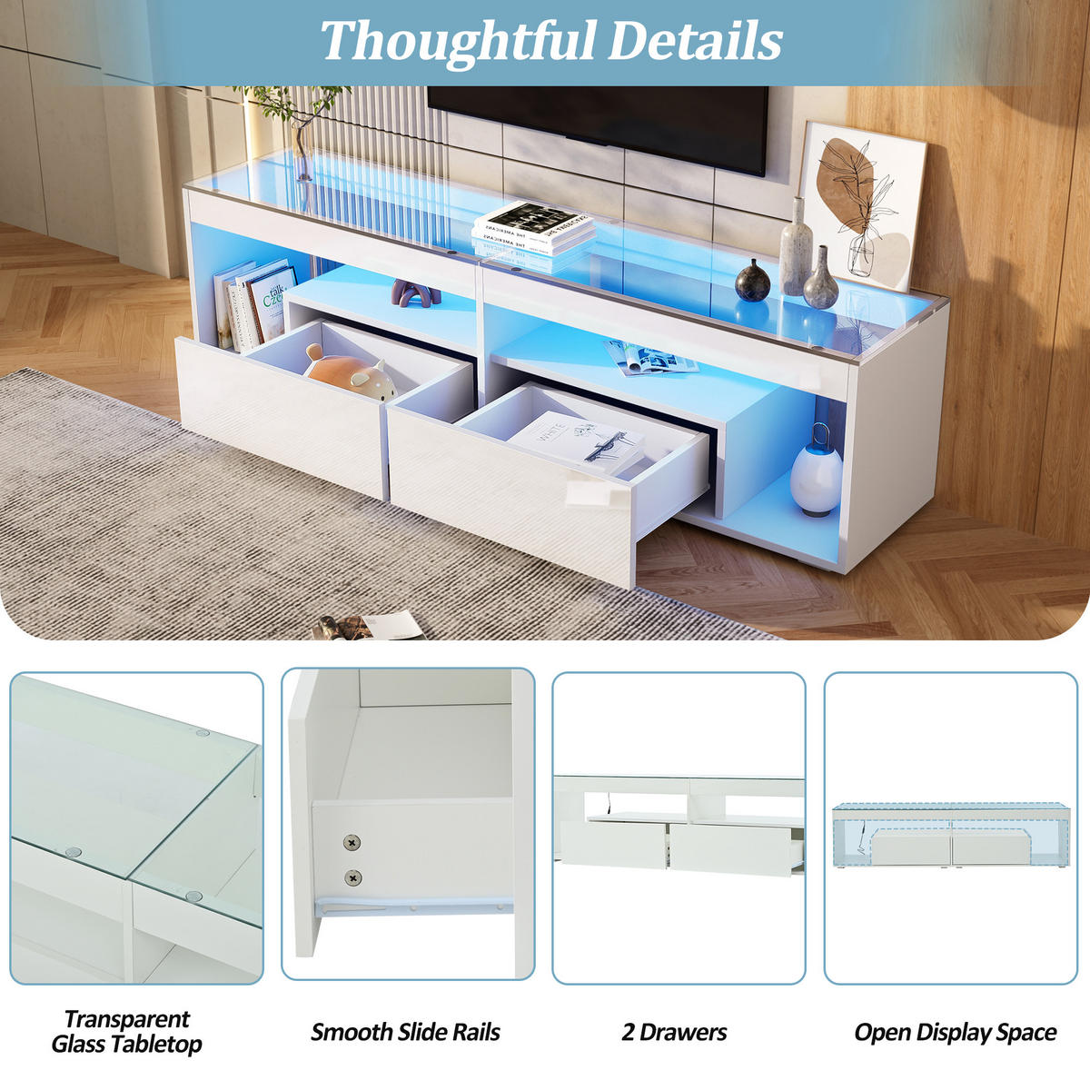 TV-ELEMENT180X40X46CM LED-Beleuchtung Weiß Hochglanz für 70-Zoll-Fernseher - Weiß, Holz (49.53/19.69/73.03cm) - Raelunyi