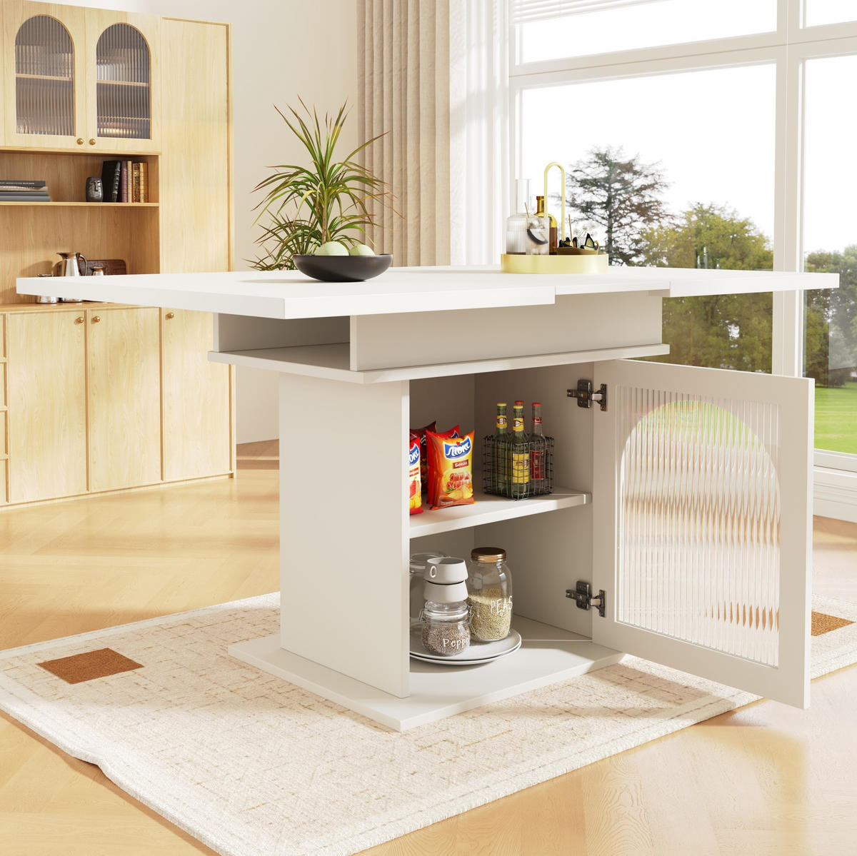 ESSTISCH 110-140x80x76 cm in Weiß aus MDF und Glas mit 3 Ablagen und Regenbogen-Glastüren ausziehbar - Weiß, Holzwerkstoff (140/80/76cm) - Modfu