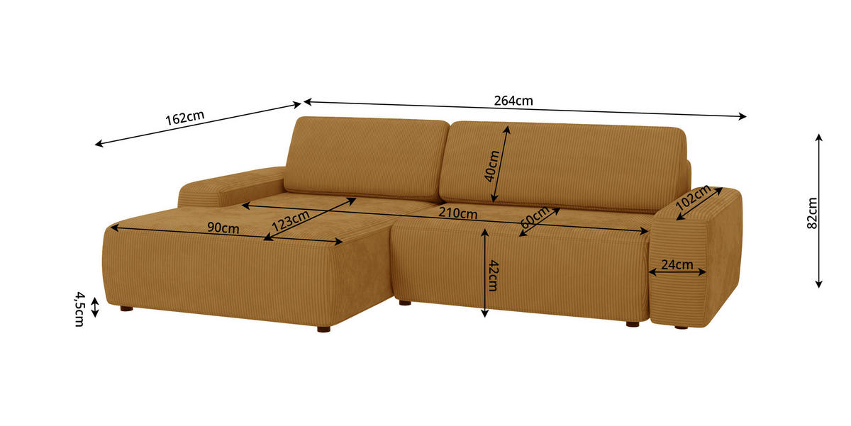 ECKSOFA Nancy Honig Cord - Schwarz/Honig, Holz/Kunststoff (264/162cm) - S-Style Möbel