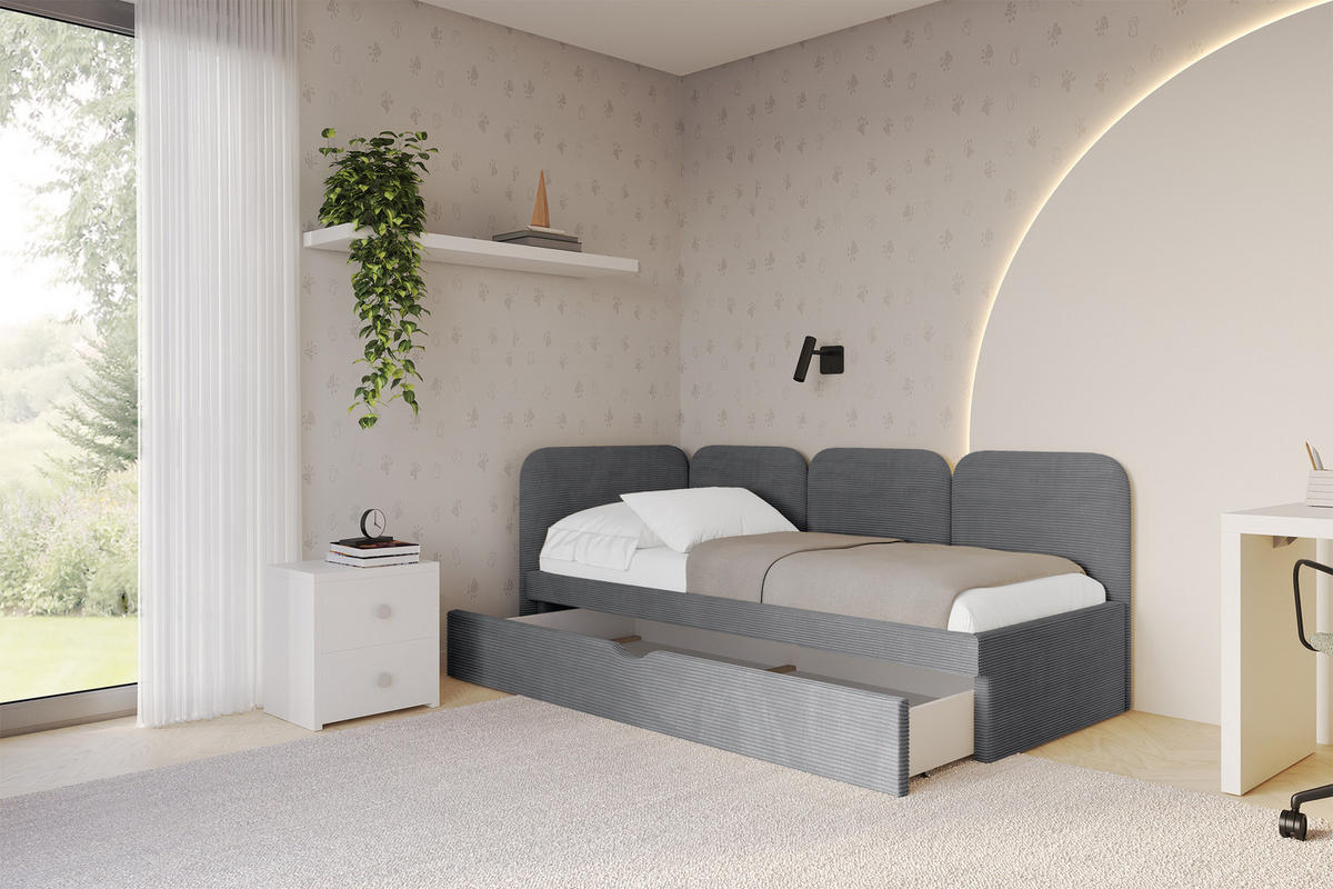 EINZELLBETT Jugendbett mit Bettkasten, Rechts - ALVY 80x200 Dunkelgrau - Schieferfarben, Holzwerkstoff/Textil (80/200cm) - ALTDECOR