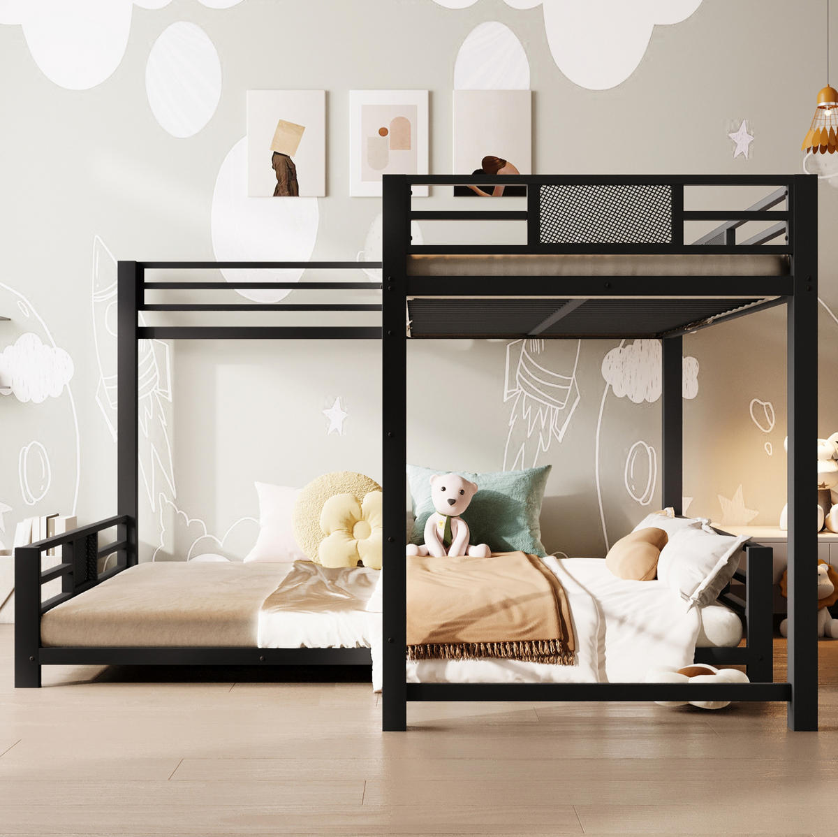ETAGENBETT 140/200 cm schwarz aus Metall mit L-Form - Schwarz, Metall (140/200cm) - OKWISH