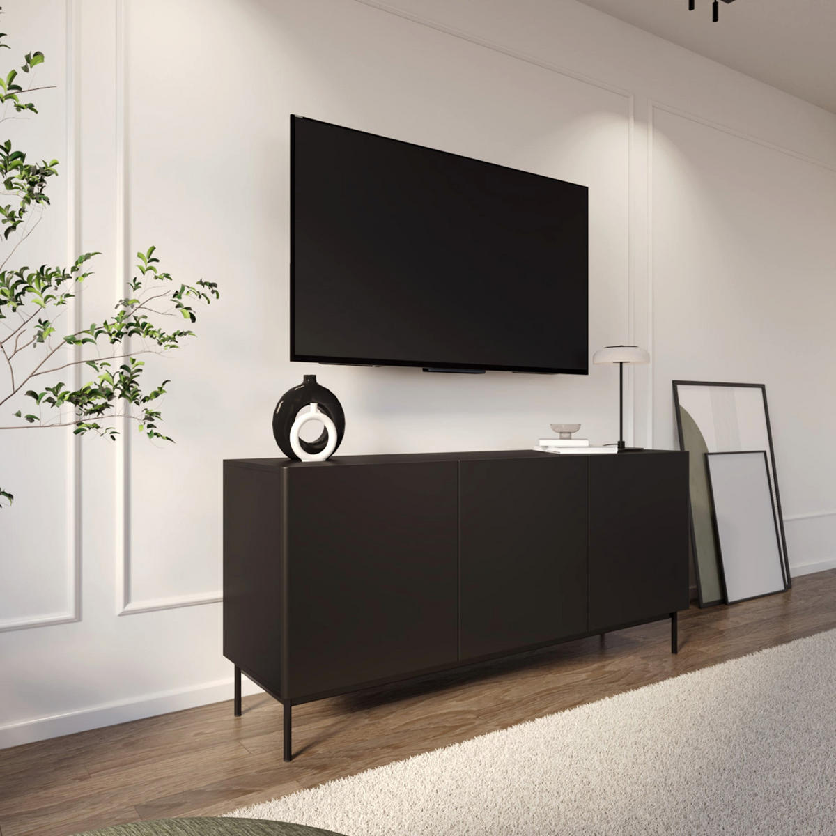 TV-STOLEK Olio vysoký 3-dveřový černý 160 cm - černá, kov/kompozitní dřevo (160/72/38.6cm) - Selsey