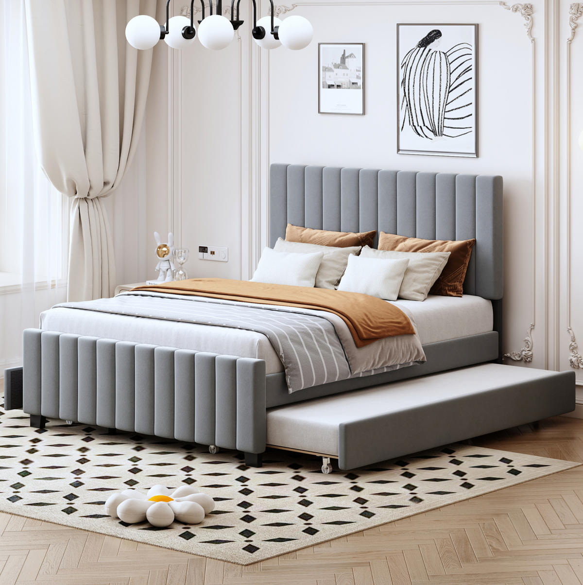 ČALÚNENÁ posteľ 140/190 cm sivá, s výsuvným lôžkom a 2 zásuvkami - sivá, textil (140/190cm) - BEAOK
