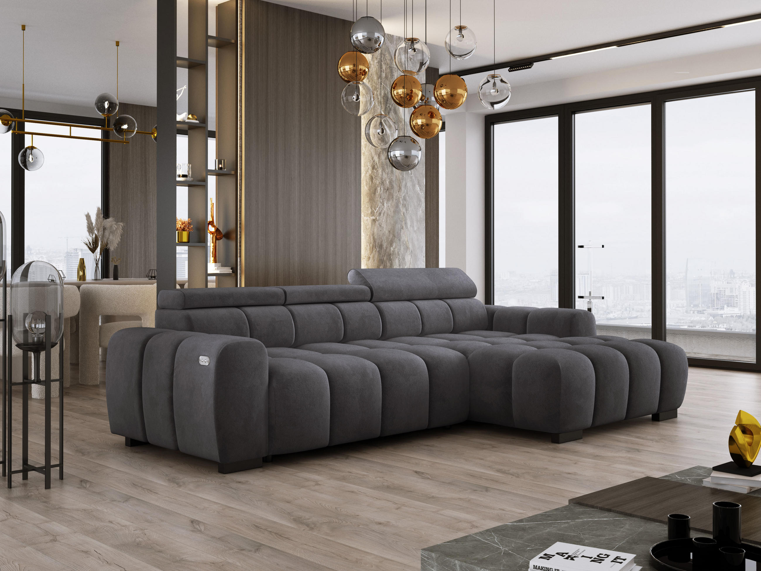 ECKSOFA OMBO 285x168x77/97 cm, Rechts, Schlaffunktion, elektr. Sitz, Kopfstützen, Buche dunkel, hydrophober SALVADOR-Stoff – Graphit - Graphitfarben, Holz/Textil (285/168cm) - DomoHome