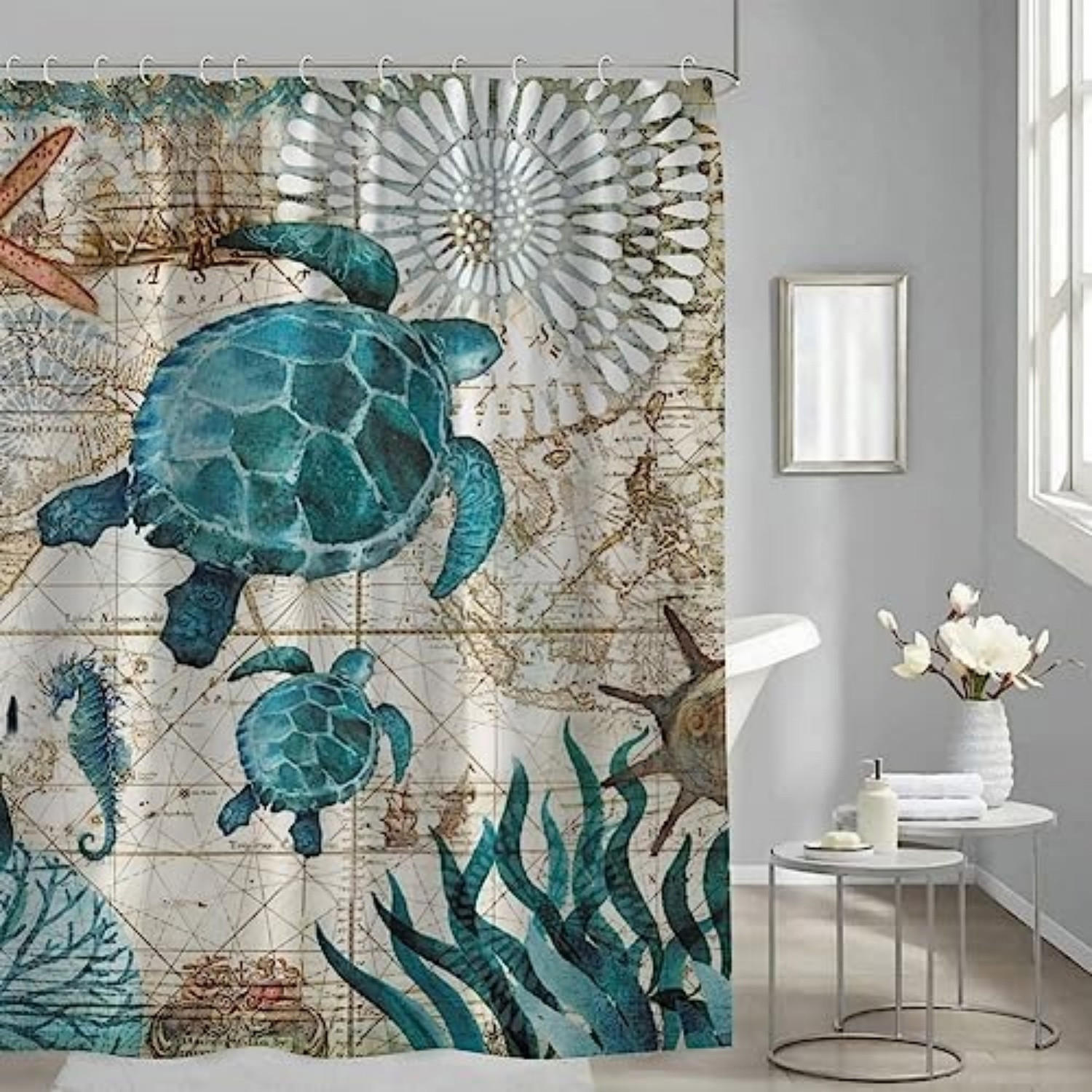 DUSCHVORHANG Marineblau Meer Schildkröte schön bedruckt Stoff wasserdicht mit Haken Badezimmer - Blau, Textil (200/180cm) - MCBOSON