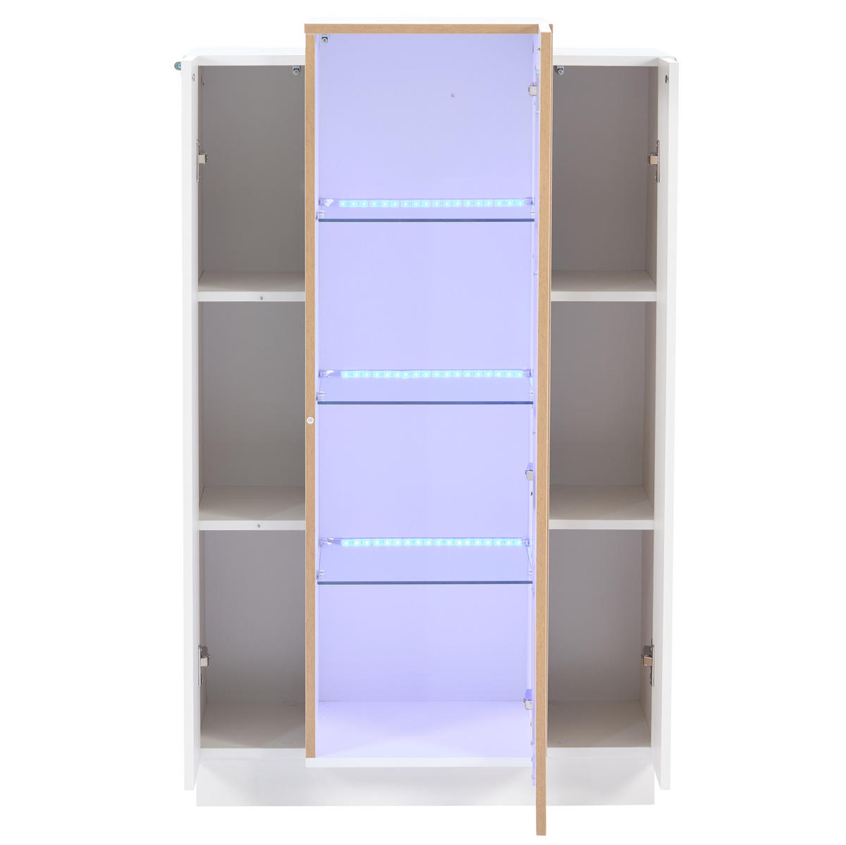 WOHNZIMMERVITRINE aus Spanplatte 74x40x120 cm Weiß/Natur mit LED-Beleuchtung, 3 Türen und Acrylfront - Weiß, Holzwerkstoff (74/120/40cm) - Modfu