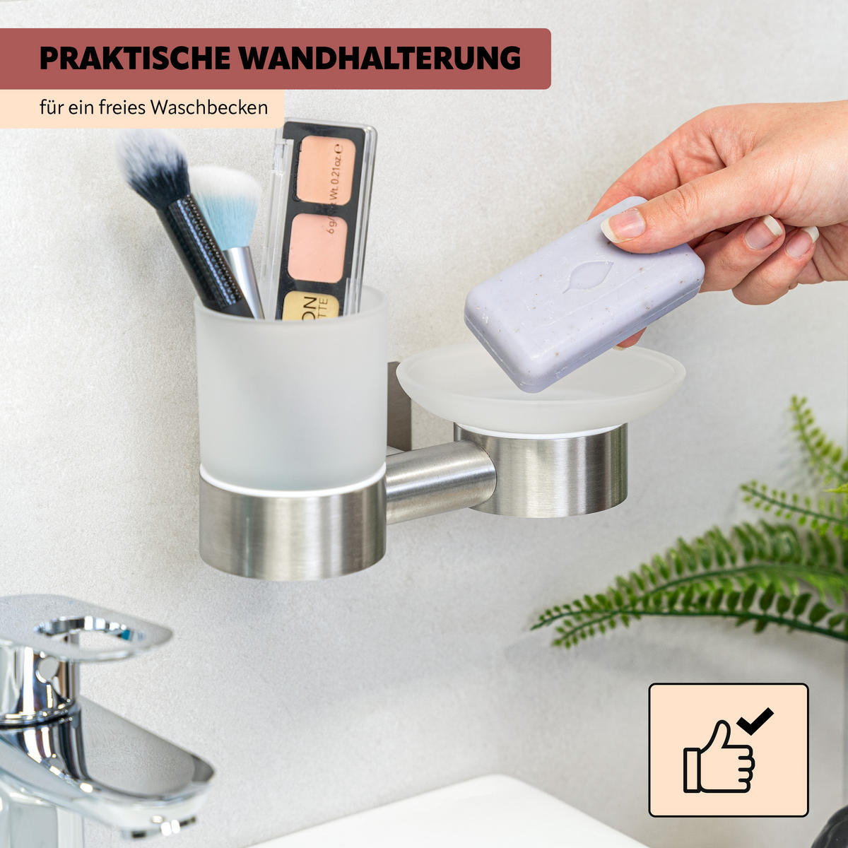 WANDHALTER PIAZZA TAPE mit Zahnputzbecher und Seifenschale, aus Glas und Edelstahl - Edelstahlfarben, Metall (20/10/13cm) - bremermann