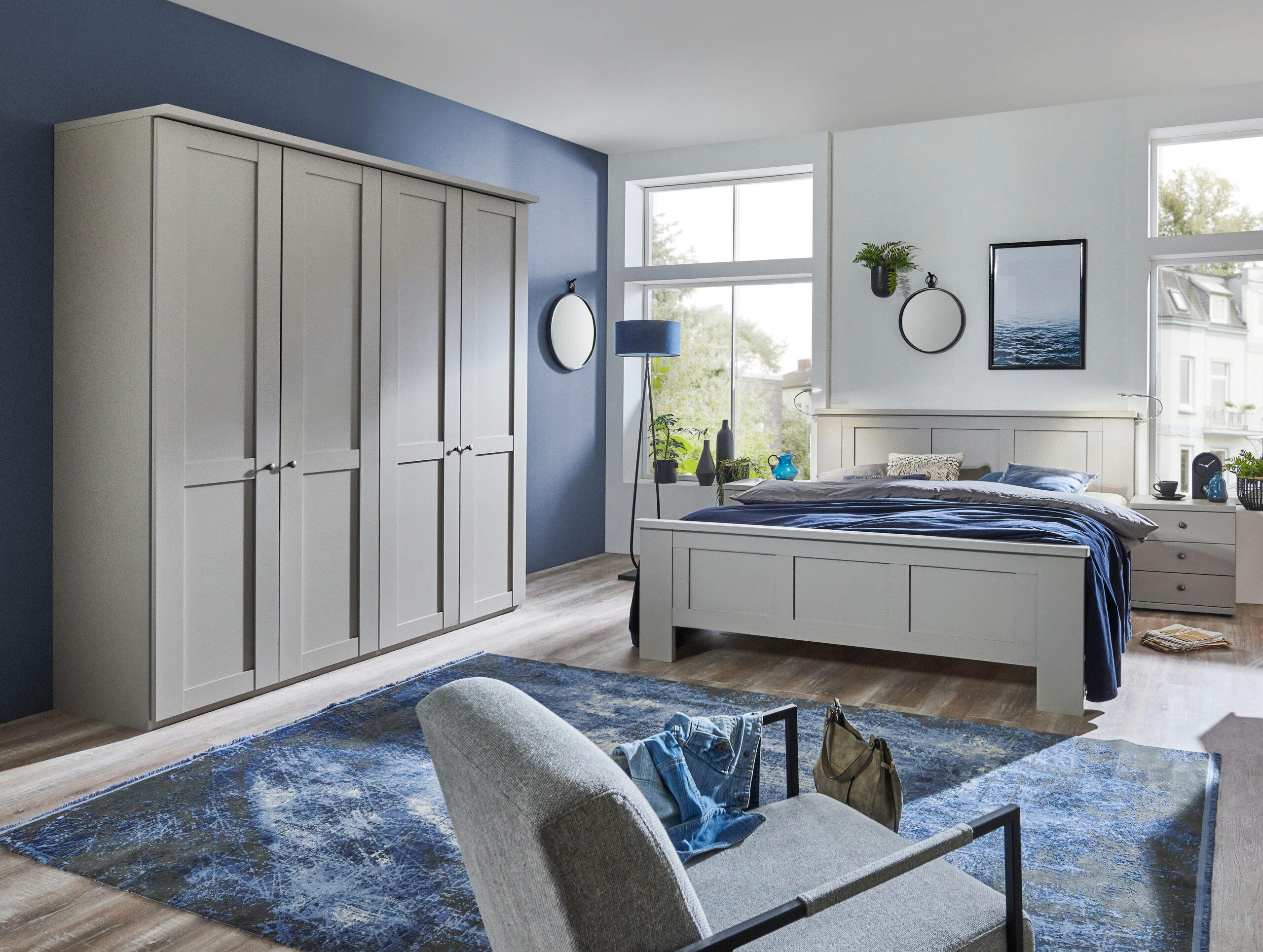 SCHLAFZIMMER Greenholm in Kieselgrau 4 teilig mit Kleiderschrank 200cm Breite ohne Spiegel, Doppelbett 180x200cm, zwei Nachttisch - Grau, Holzwerkstoff (80/200/120cm)